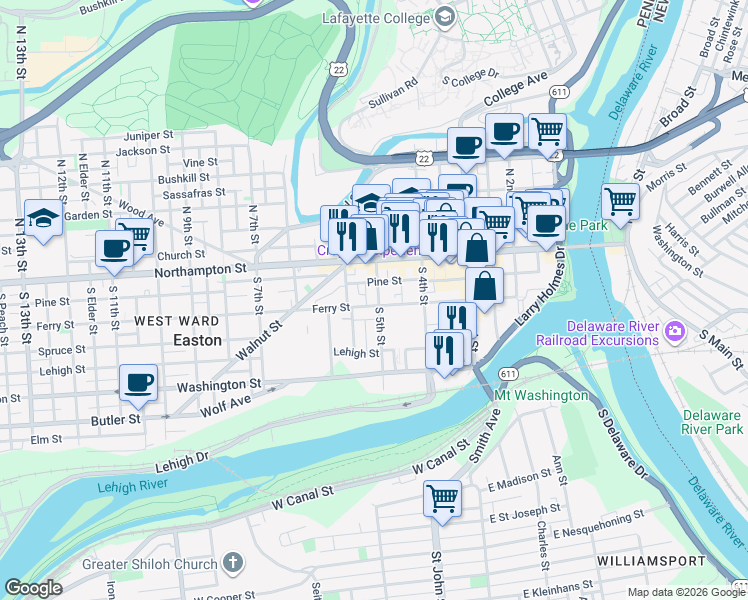 map of restaurants, bars, coffee shops, grocery stores, and more near 121 South 5th Street in Easton