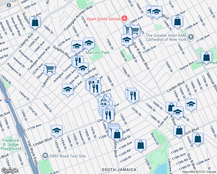 map of restaurants, bars, coffee shops, grocery stores, and more near 110-47 155th Street in Queens