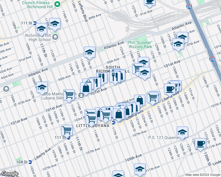 map of restaurants, bars, coffee shops, grocery stores, and more near 101-36 Lefferts Boulevard in Queens