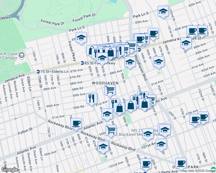 map of restaurants, bars, coffee shops, grocery stores, and more near 89-27 87th Street in Queens