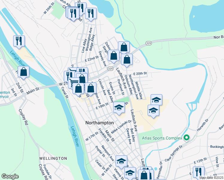map of restaurants, bars, coffee shops, grocery stores, and more near 236 East 19th Street in Northampton