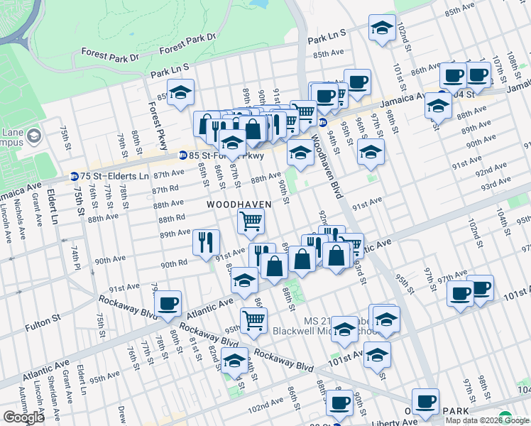map of restaurants, bars, coffee shops, grocery stores, and more near 90-19 88th Street in Queens