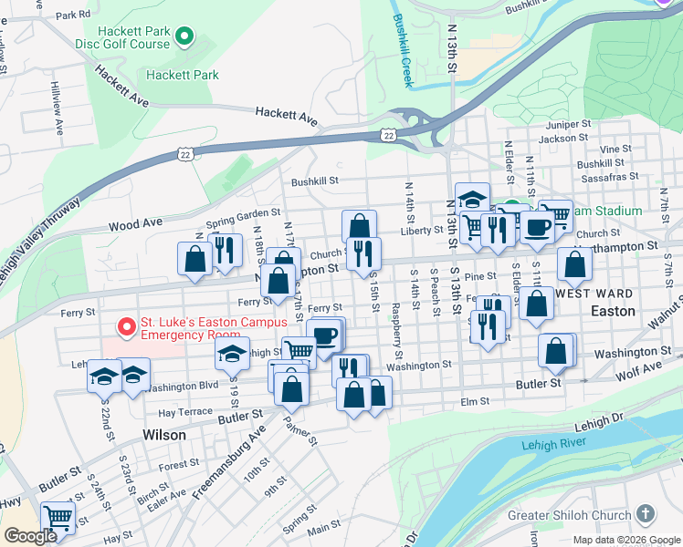 map of restaurants, bars, coffee shops, grocery stores, and more near 29 South 16th Street in Easton
