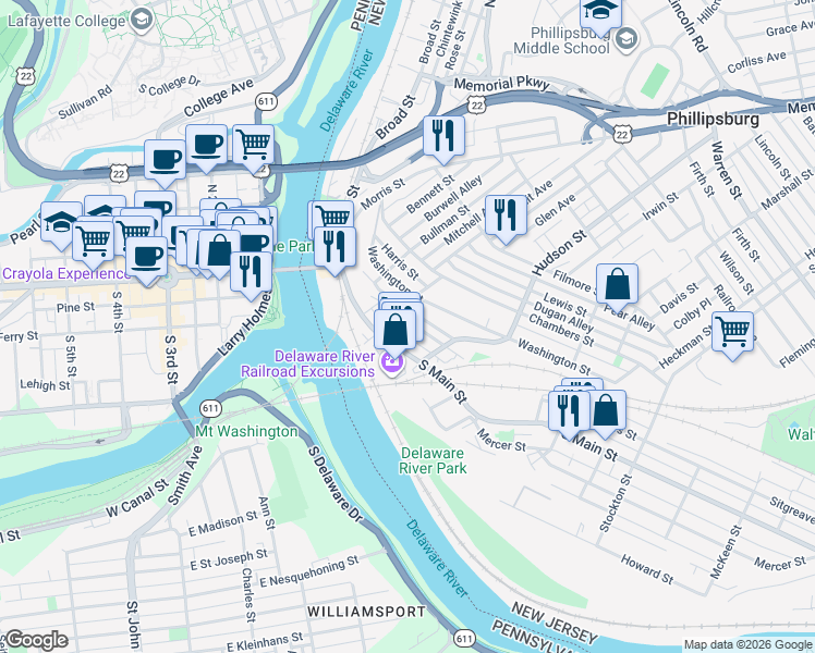 map of restaurants, bars, coffee shops, grocery stores, and more near 20 Brainard Street in Phillipsburg