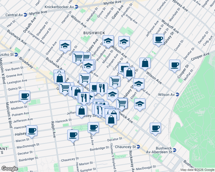 map of restaurants, bars, coffee shops, grocery stores, and more near 1141 Jefferson Avenue in Brooklyn