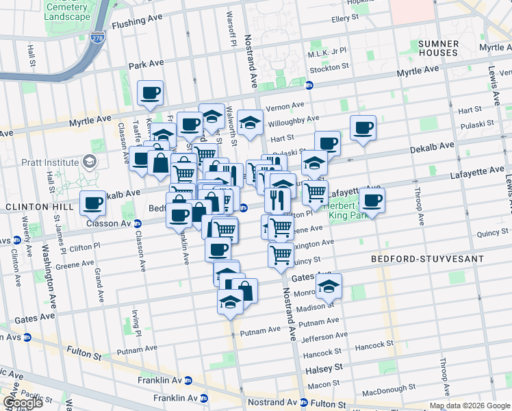 map of restaurants, bars, coffee shops, grocery stores, and more near Lafayette Avenue in Brooklyn