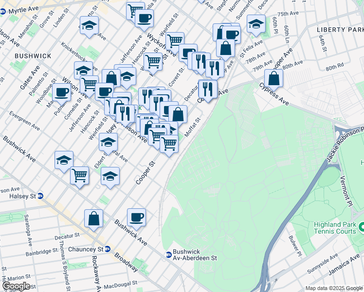 map of restaurants, bars, coffee shops, grocery stores, and more near 919 Knickerbocker Avenue in Brooklyn