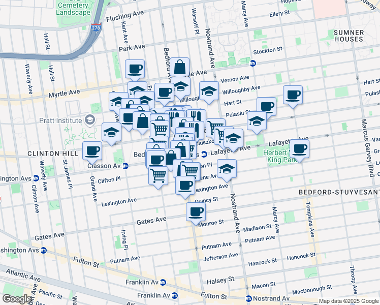 map of restaurants, bars, coffee shops, grocery stores, and more near 14 Spencer Court in Brooklyn