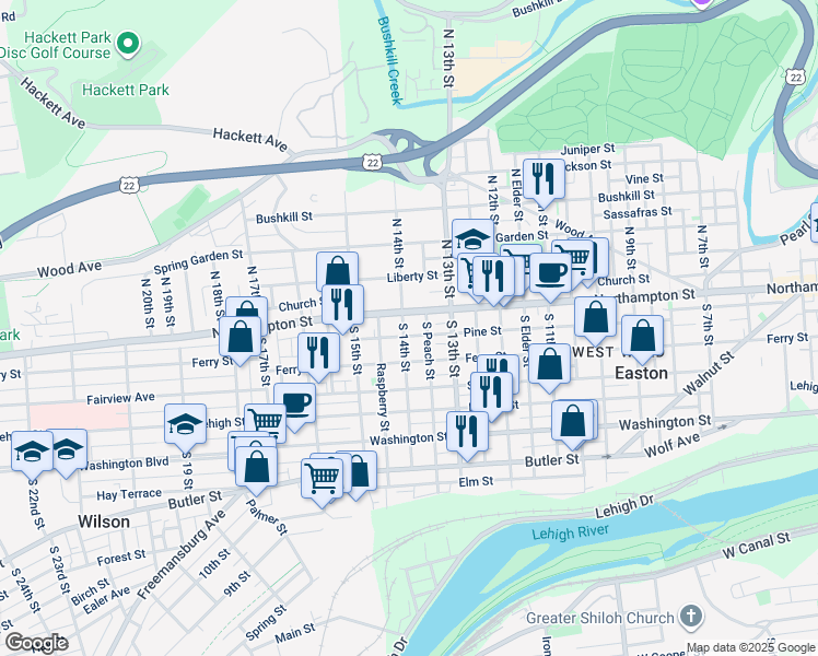 map of restaurants, bars, coffee shops, grocery stores, and more near 18 South 14th Street in Easton