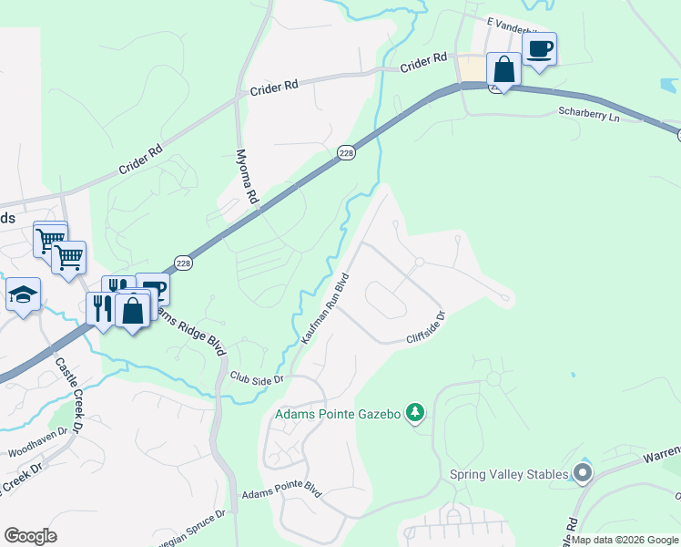 map of restaurants, bars, coffee shops, grocery stores, and more near 112 Kaufman Run Boulevard in Mars