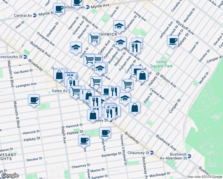 map of restaurants, bars, coffee shops, grocery stores, and more near 89 Cornelia Street in Brooklyn