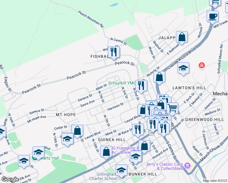 map of restaurants, bars, coffee shops, grocery stores, and more near 337 Spring Garden Street in Pottsville