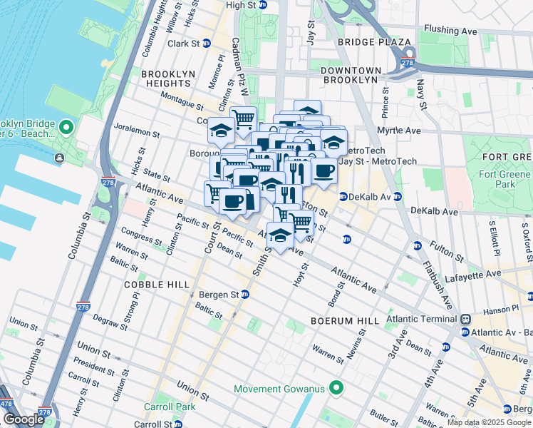 map of restaurants, bars, coffee shops, grocery stores, and more near 130 Livingston Street in Brooklyn