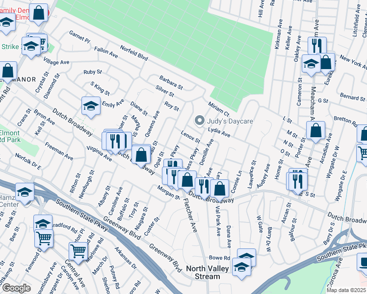 map of restaurants, bars, coffee shops, grocery stores, and more near 1651 Stuyvesant Street in Elmont