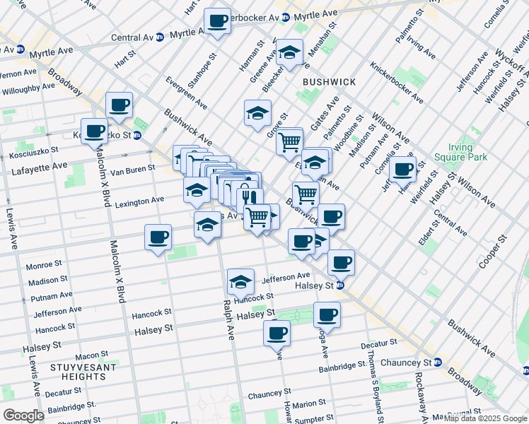 map of restaurants, bars, coffee shops, grocery stores, and more near 1103 Gates Avenue in Brooklyn