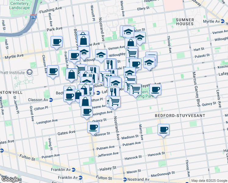 map of restaurants, bars, coffee shops, grocery stores, and more near 592 Lafayette Avenue in Brooklyn