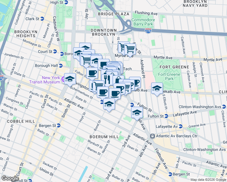 map of restaurants, bars, coffee shops, grocery stores, and more near Fulton Street in Brooklyn