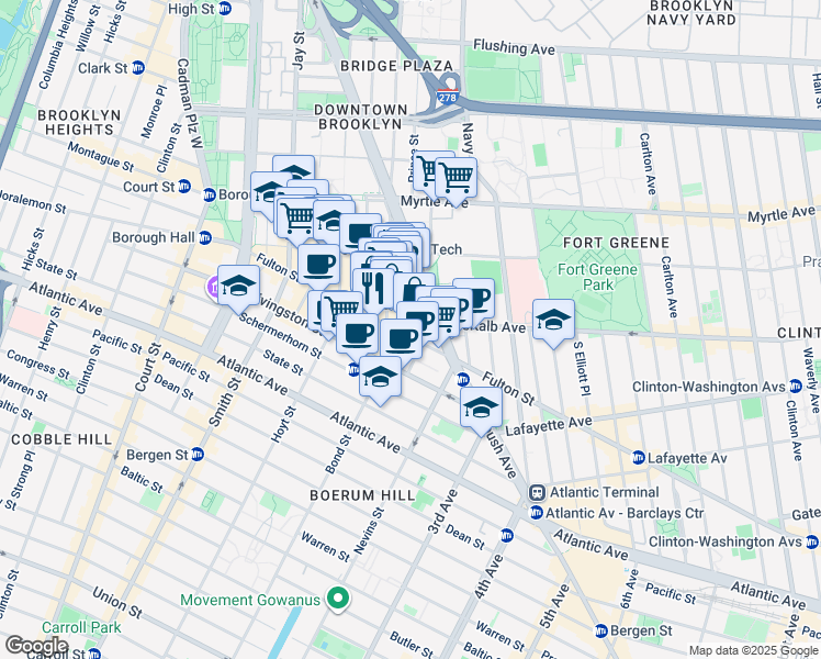 map of restaurants, bars, coffee shops, grocery stores, and more near 1 DeKalb Avenue in Brooklyn