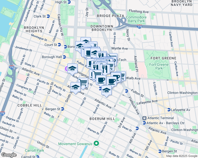 map of restaurants, bars, coffee shops, grocery stores, and more near 11 Hoyt Street in Brooklyn