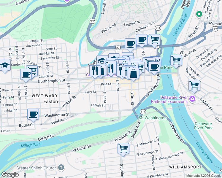 map of restaurants, bars, coffee shops, grocery stores, and more near 408 Northampton Street in Easton