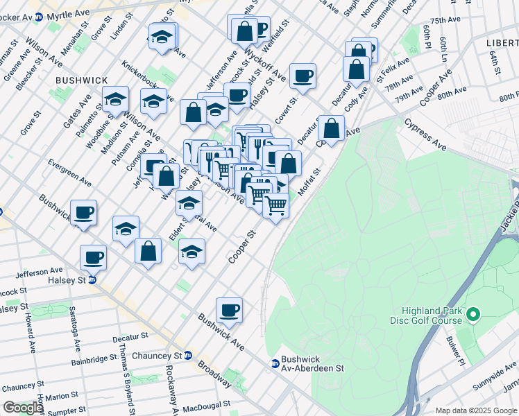 map of restaurants, bars, coffee shops, grocery stores, and more near 220 Schaefer Street in Brooklyn