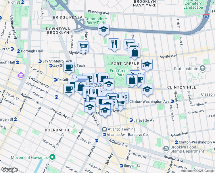 map of restaurants, bars, coffee shops, grocery stores, and more near DeKalb Avenue in Brooklyn
