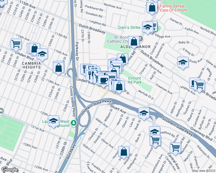 map of restaurants, bars, coffee shops, grocery stores, and more near 117 11 240th Street in Elmont