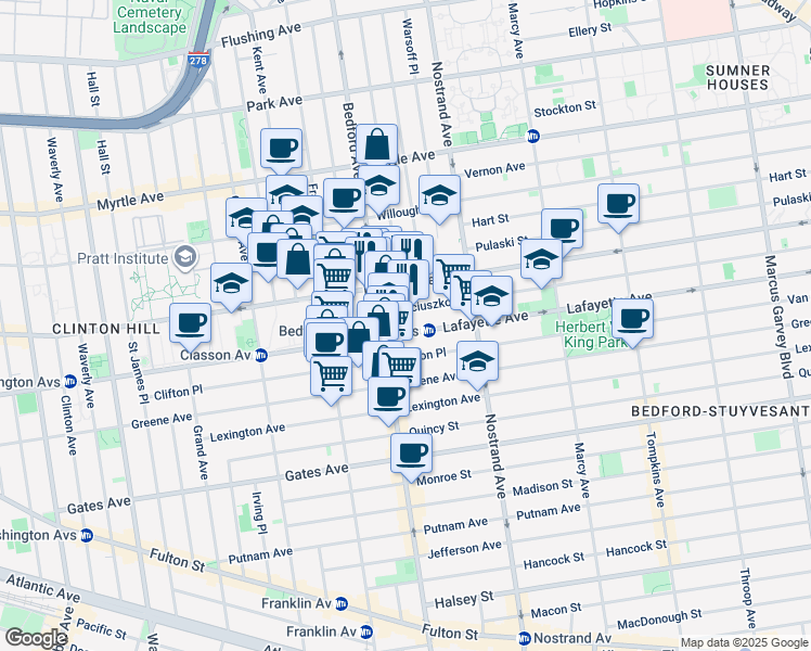 map of restaurants, bars, coffee shops, grocery stores, and more near 14 Spencer Court in Brooklyn