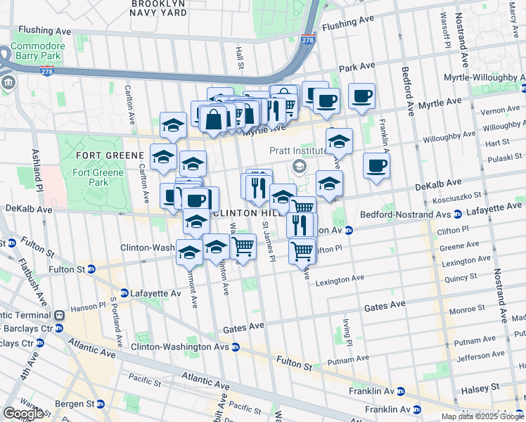 map of restaurants, bars, coffee shops, grocery stores, and more near Dekalb Ave & St James Pl & Hall St in Brooklyn