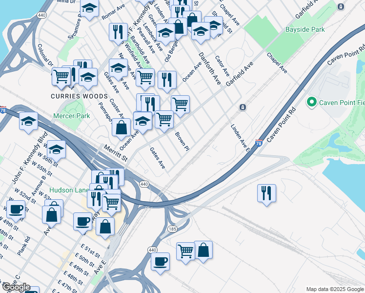 map of restaurants, bars, coffee shops, grocery stores, and more near 85 Brown Place in Jersey City