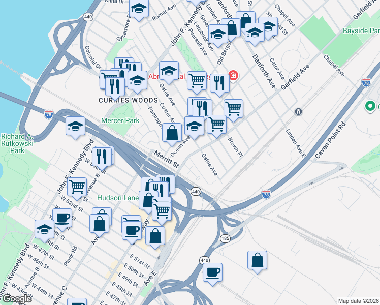 map of restaurants, bars, coffee shops, grocery stores, and more near 49 Ocean Avenue in Jersey City