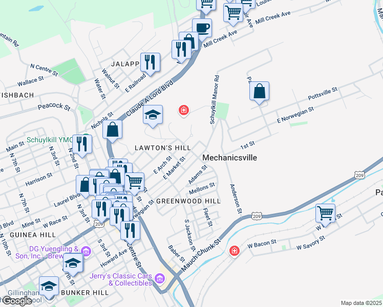 map of restaurants, bars, coffee shops, grocery stores, and more near 583 East Market Street in Pottsville