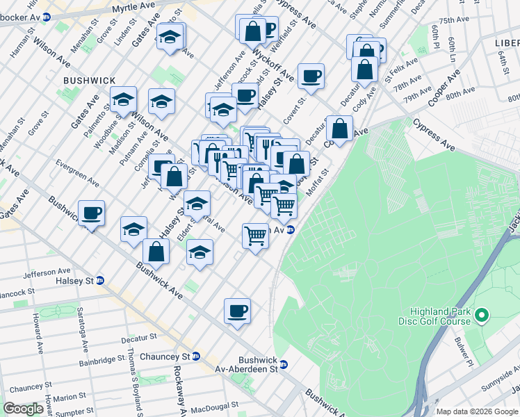 map of restaurants, bars, coffee shops, grocery stores, and more near Decatur St & Wilson Ave in Brooklyn