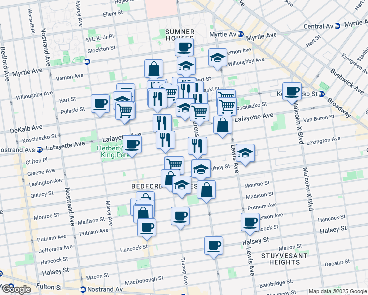 map of restaurants, bars, coffee shops, grocery stores, and more near 121 Van Buren Street in Brooklyn