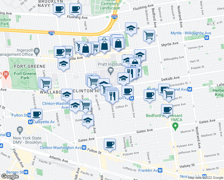 map of restaurants, bars, coffee shops, grocery stores, and more near 224 Grand Avenue in Brooklyn