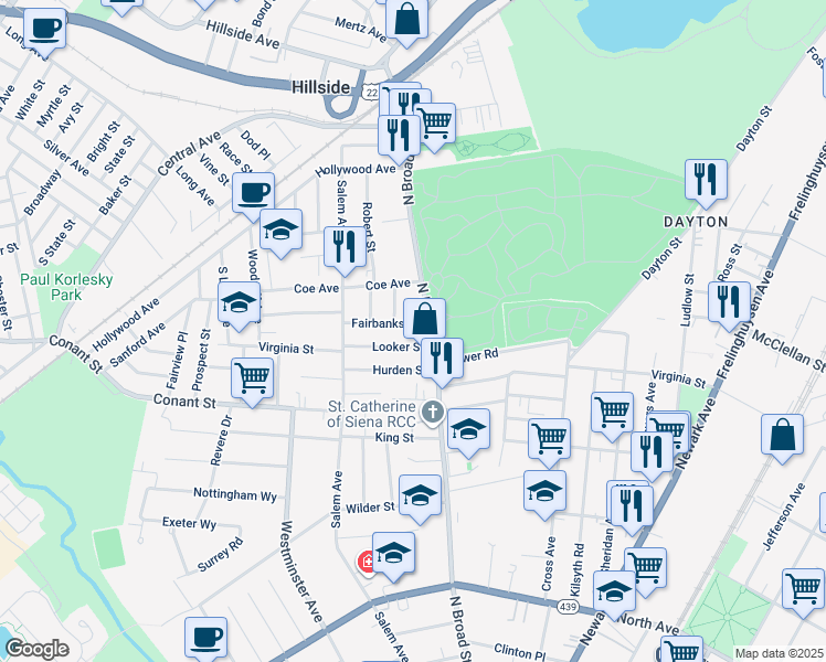 map of restaurants, bars, coffee shops, grocery stores, and more near 1134 North Broad Street in Hillside