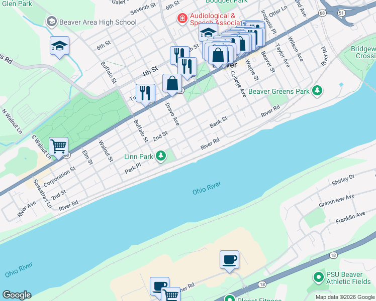map of restaurants, bars, coffee shops, grocery stores, and more near 151 Dravo Avenue in Beaver