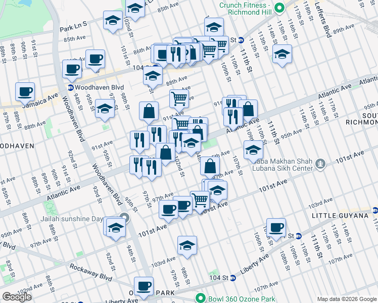 map of restaurants, bars, coffee shops, grocery stores, and more near 102-26 93rd Avenue in Queens