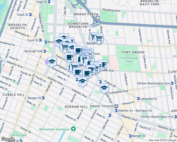 map of restaurants, bars, coffee shops, grocery stores, and more near 549 Fulton Street in Brooklyn