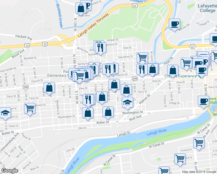 map of restaurants, bars, coffee shops, grocery stores, and more near 4 South Warren Street in Easton