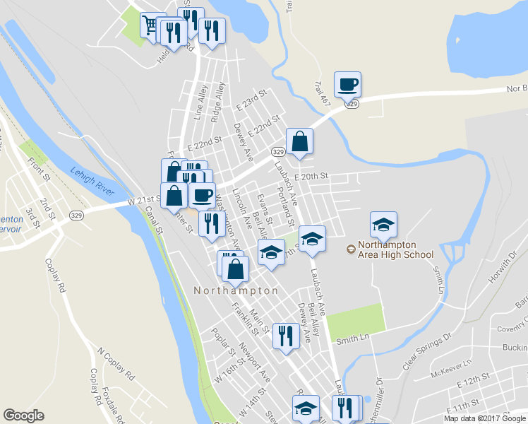map of restaurants, bars, coffee shops, grocery stores, and more near 236 East 19th Street in Northampton