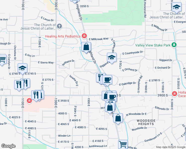 map of restaurants, bars, coffee shops, grocery stores, and more near 3716 Highland Drive in Millcreek