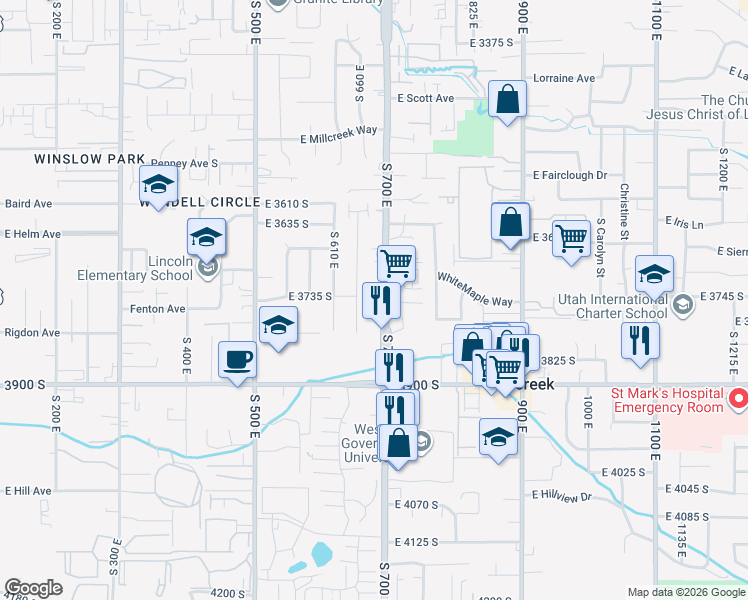 map of restaurants, bars, coffee shops, grocery stores, and more near 3712 South 700 East in South Salt Lake