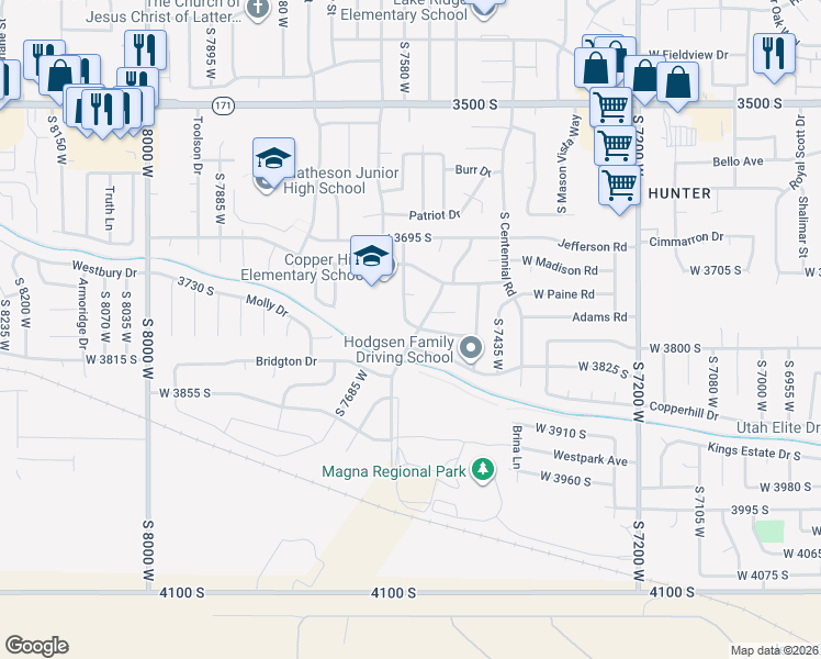 map of restaurants, bars, coffee shops, grocery stores, and more near 3760 Adams Road in Magna