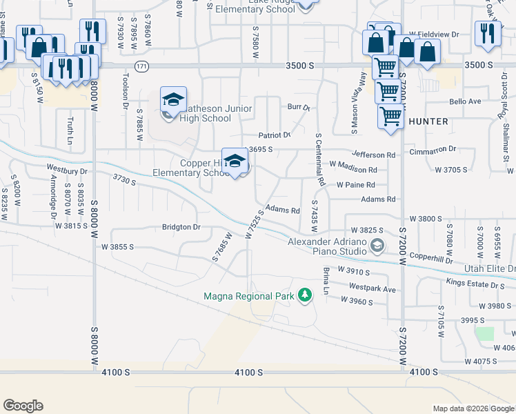 map of restaurants, bars, coffee shops, grocery stores, and more near 3760 Adams Road in Magna