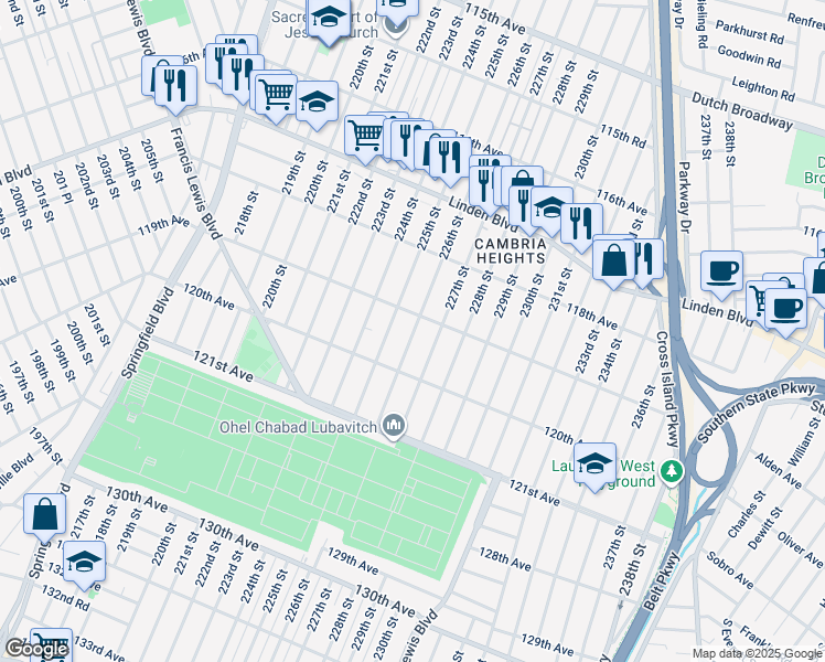 map of restaurants, bars, coffee shops, grocery stores, and more near 118-57 225th Street in Queens