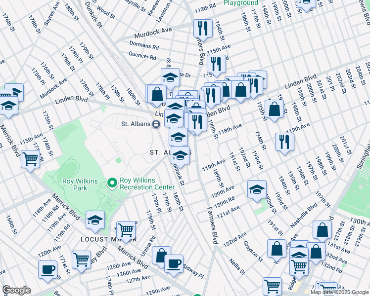 map of restaurants, bars, coffee shops, grocery stores, and more near 117-30 Farmers Boulevard in Queens