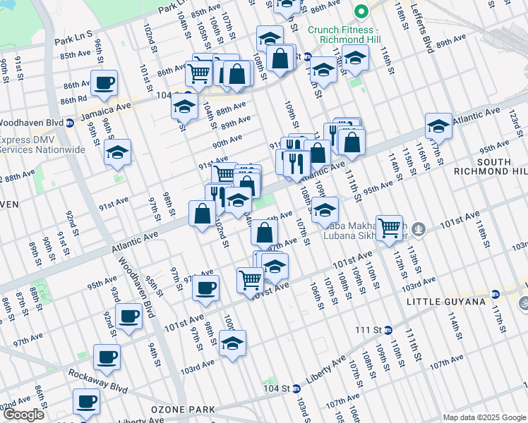 map of restaurants, bars, coffee shops, grocery stores, and more near 106-02 Atlantic Avenue in Queens