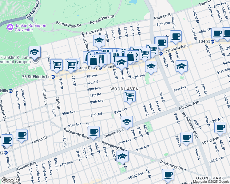 map of restaurants, bars, coffee shops, grocery stores, and more near 80-88 88th Avenue in Queens