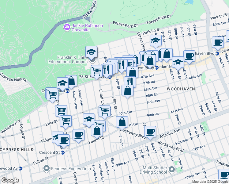 map of restaurants, bars, coffee shops, grocery stores, and more near 87-07 75th Street in Queens